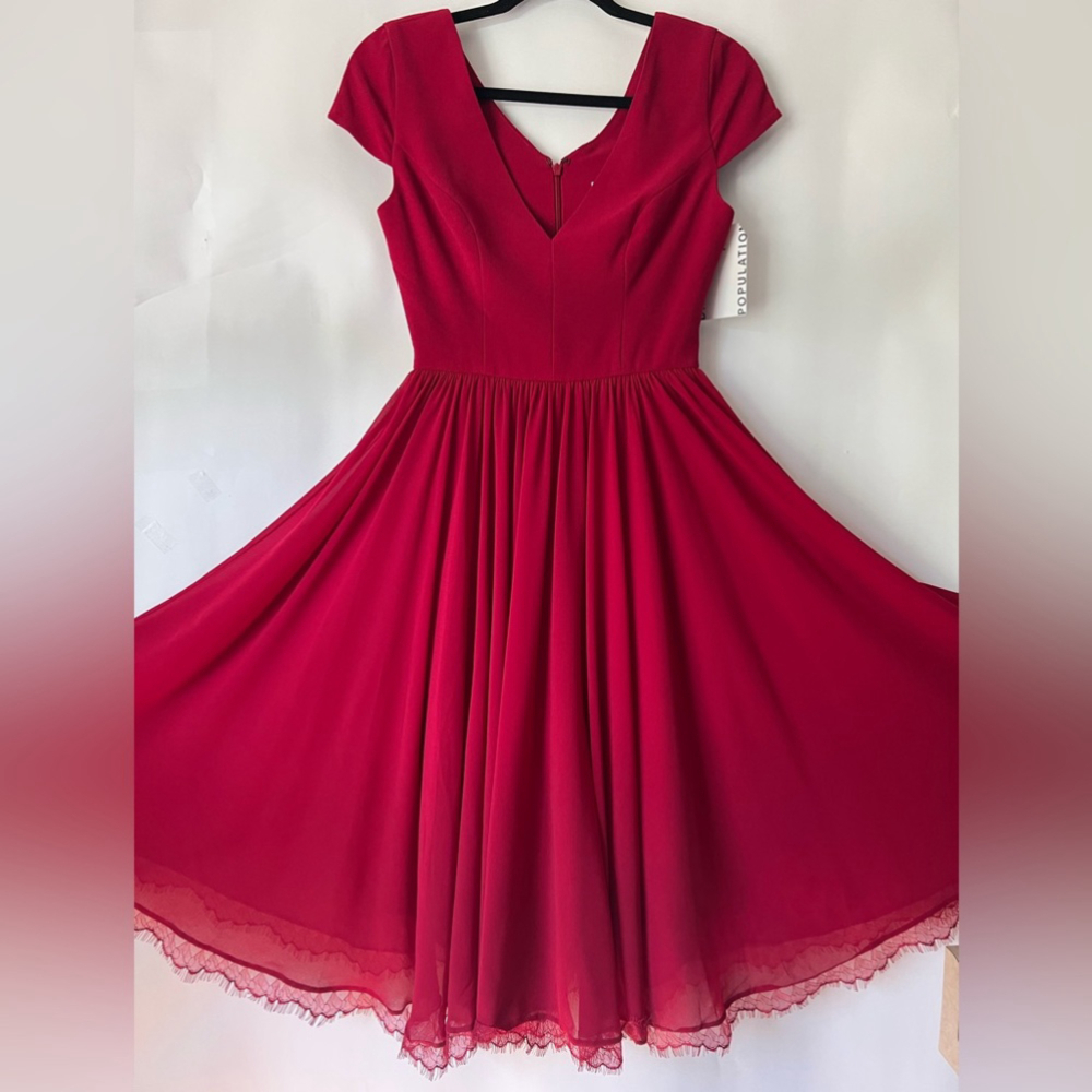 Dress The Population,Corey Plunging Mix Media Cap Sleeve Midi Dress-Red. Size:XS